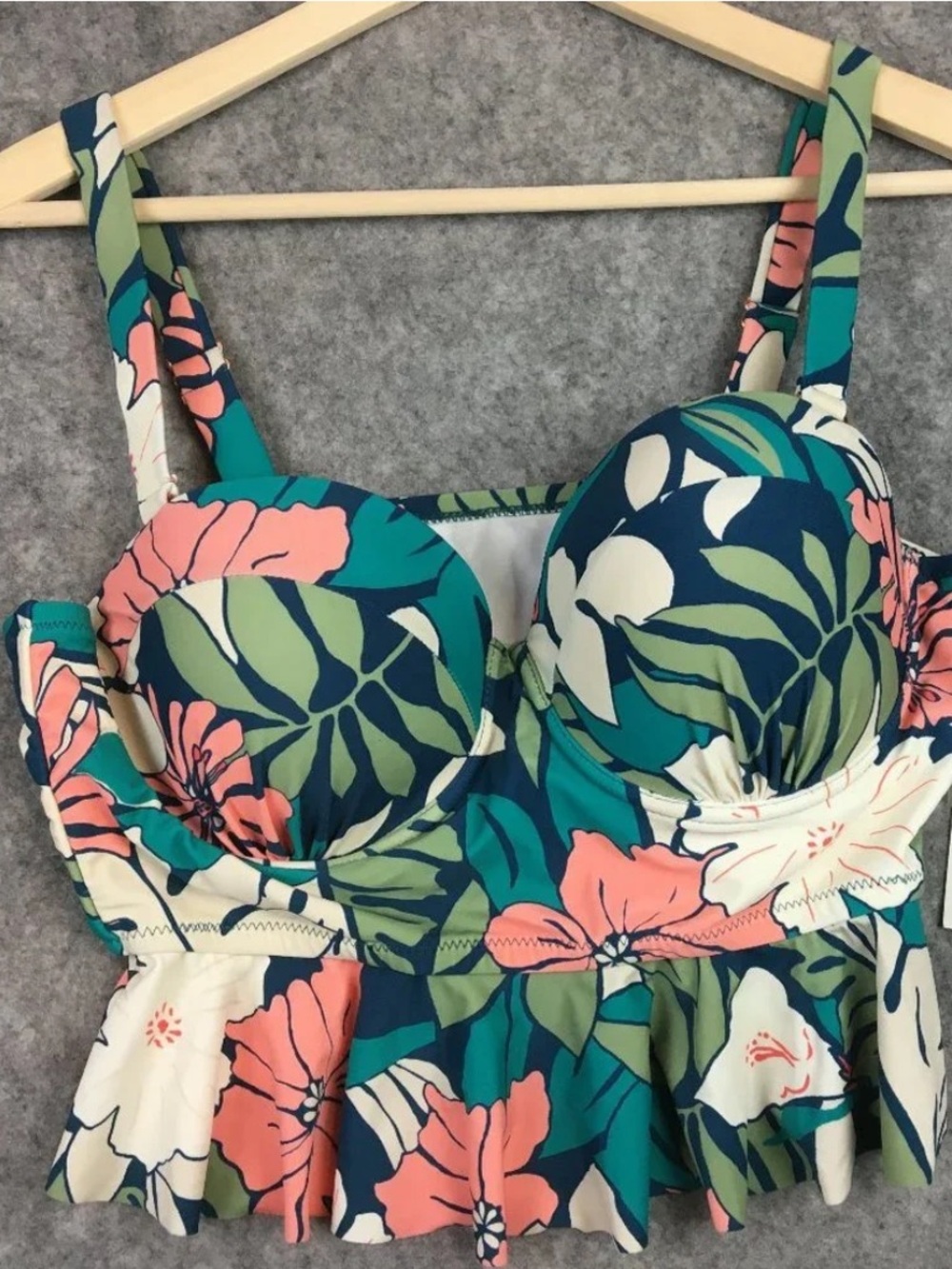 Raisins Teal, Coral & White Floral Peplum Bikini Top